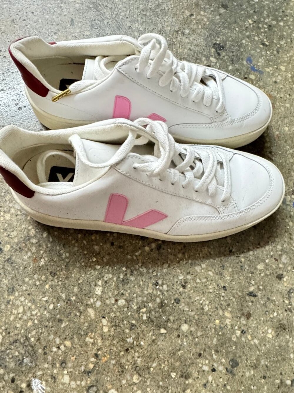 Veja V-12 Leather Sneakers - Extra White / Pink / Burgundy (EU 38 / US 7.5-8)